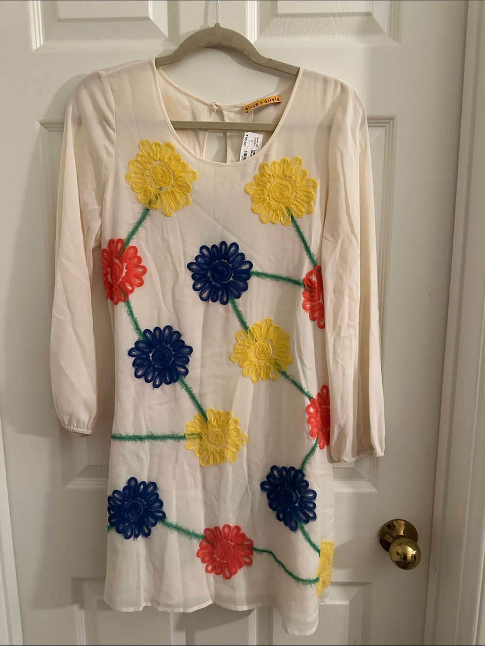 Alice + Olivia Cream Dress with Yellow, Blue and Coral Floral Appliqués